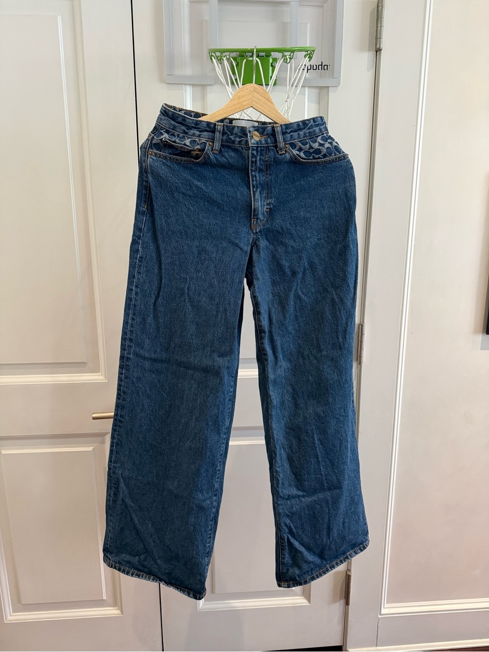 Coach Wide Leg Dark Blue Jeans with Embroidered Waist